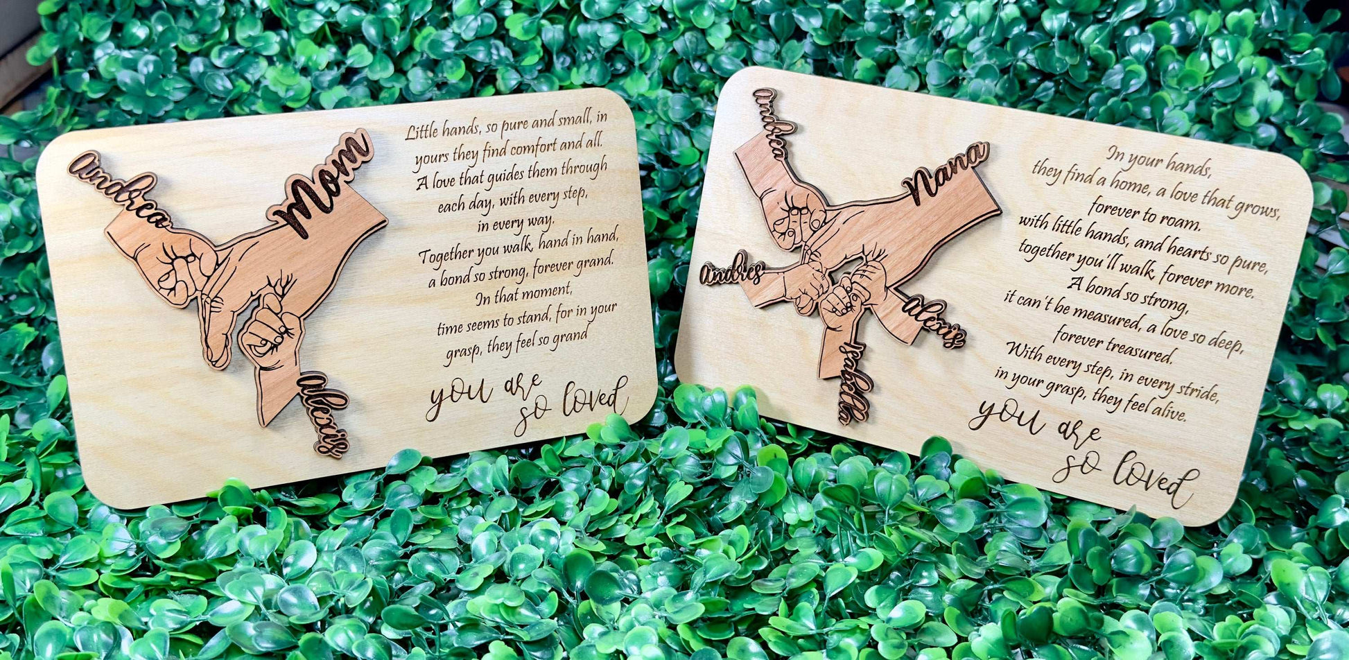 Mother’s Day or Grandparents Day Gift – Personalized Hand in Hand Wood Sign with Poem – Custom Family Names Plaque for Mom or Nana