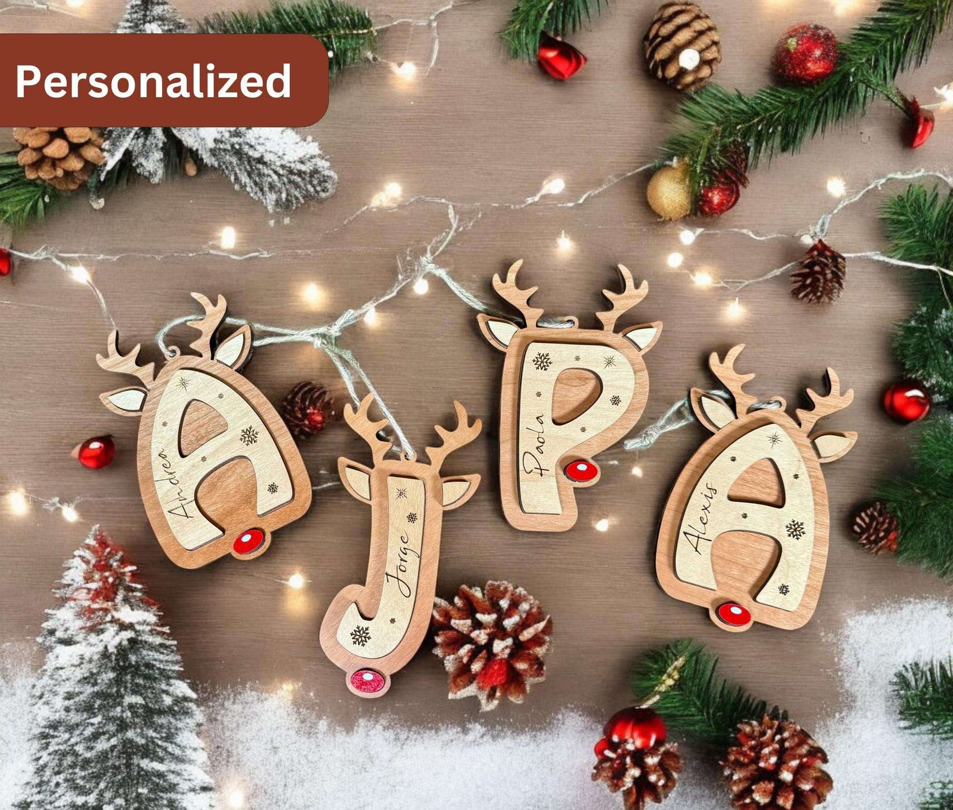 Reindeer letter ornaments personalized stocking tags for Christmas gifts name tags retro ornaments for the family holiday keepsake ornaments
