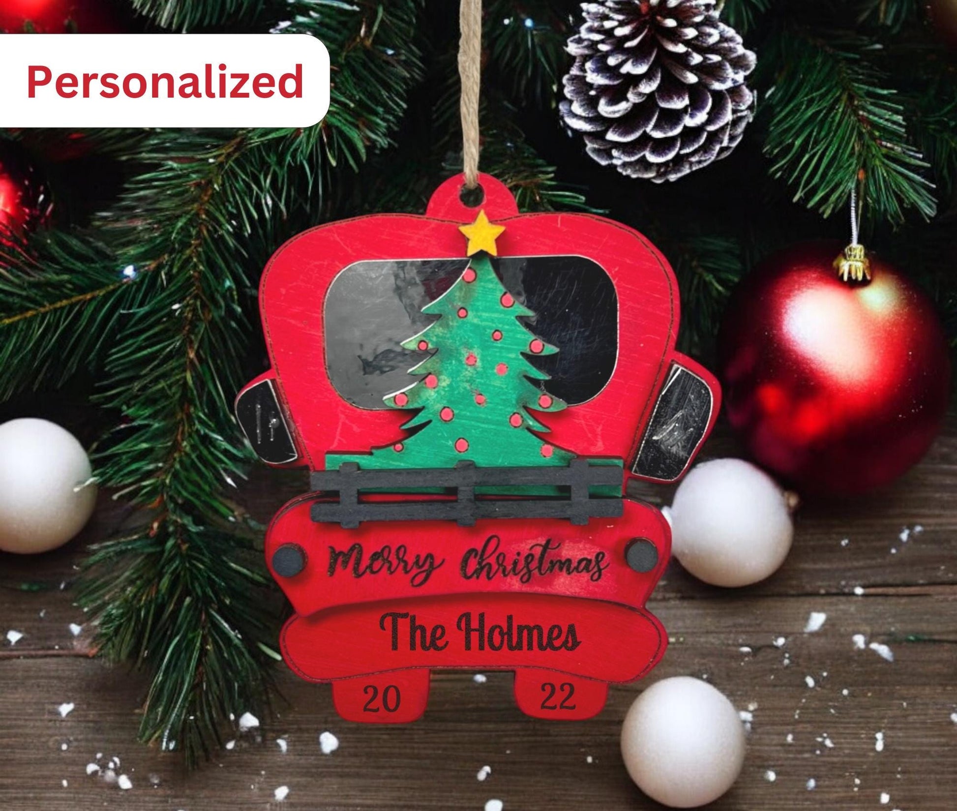 Red Truck Christmas Ornament Vintage Truck with Tree Holiday Décor Merry Christmas Tree Decoration Rustic Farmhouse Ornament Keepsake