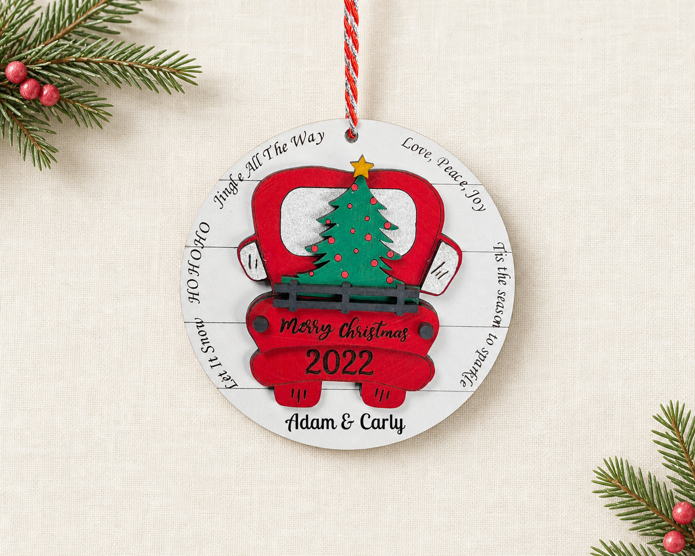 Personalized Red Truck Ornament, Farmhouse Red Truck, Family Ornament, couples ornament, hand painted