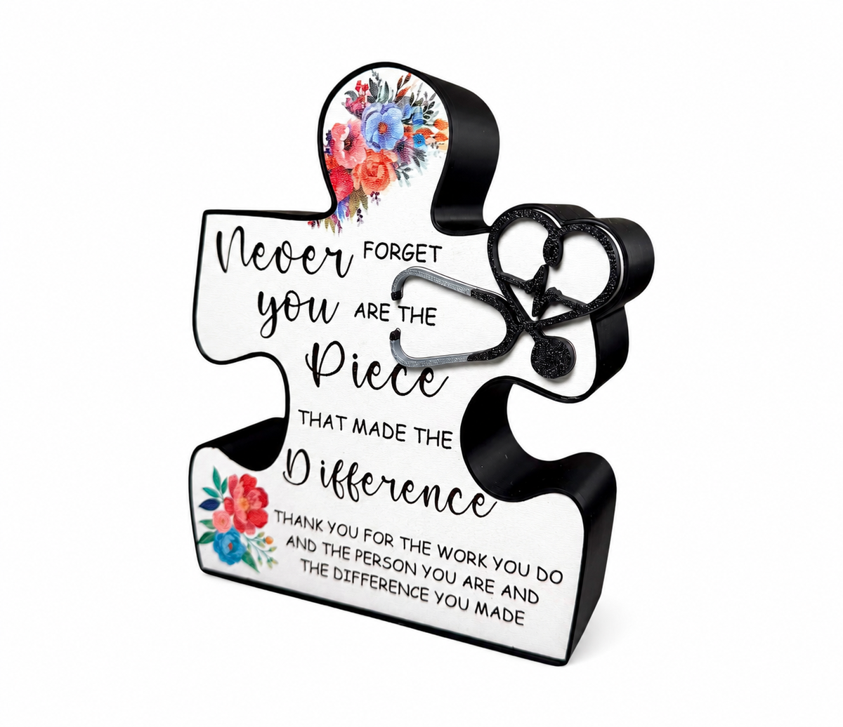 Angled view of personalized healthcare puzzle piece plaque on a white background