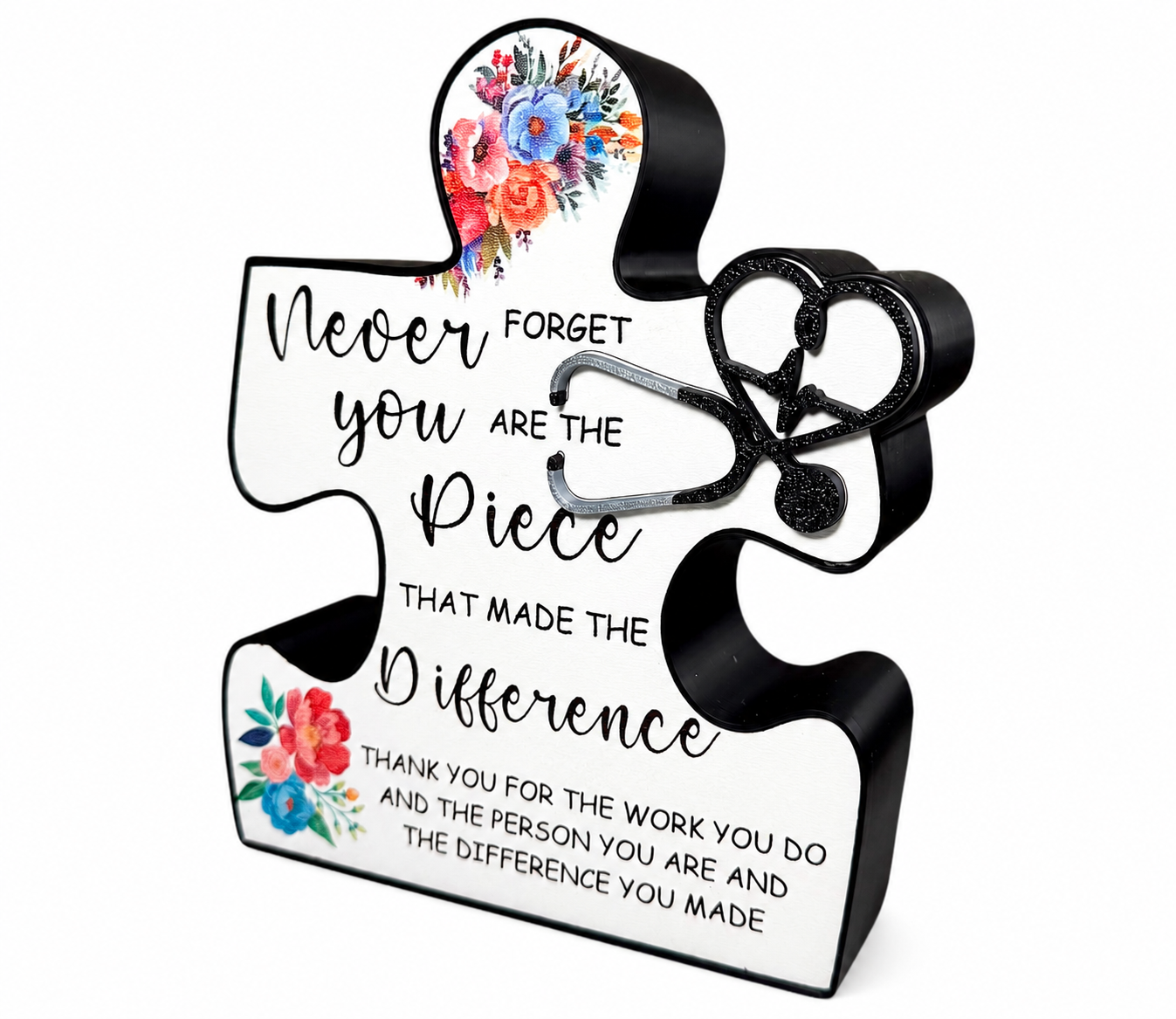 Personalized healthcare puzzle piece plaque with floral design and stethoscope on a white background