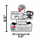 Healthcare puzzle piece plaque size guide showing 6.5 inches by 5.5 inches