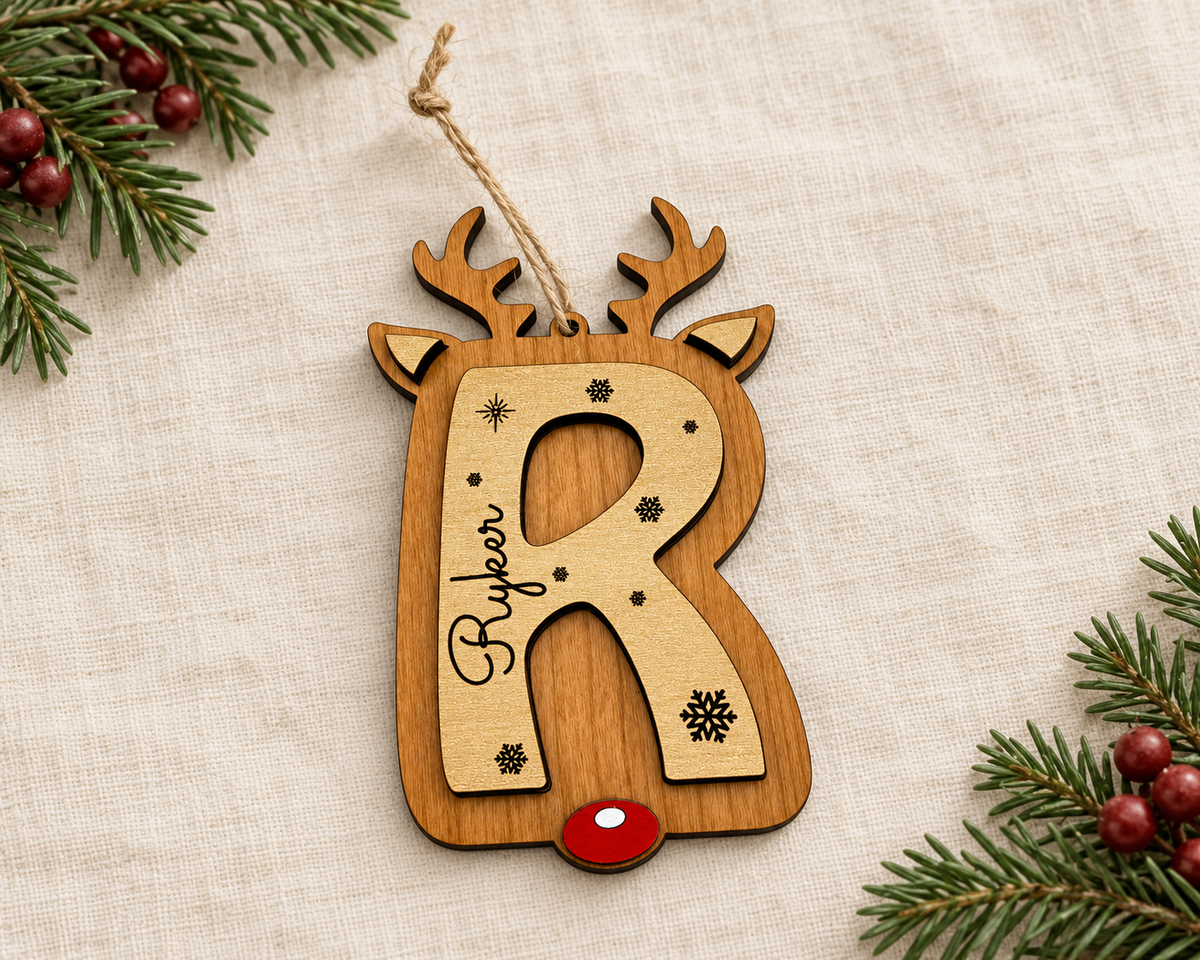 Personalized Reindeer letter ornaments stocking tags