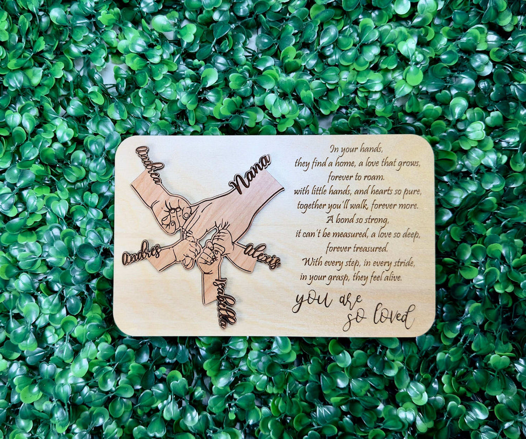 Mother’s Day or Grandparents Day Gift – Personalized Hand in Hand Wood Sign with Poem – Custom Family Names Plaque for Mom or Nana