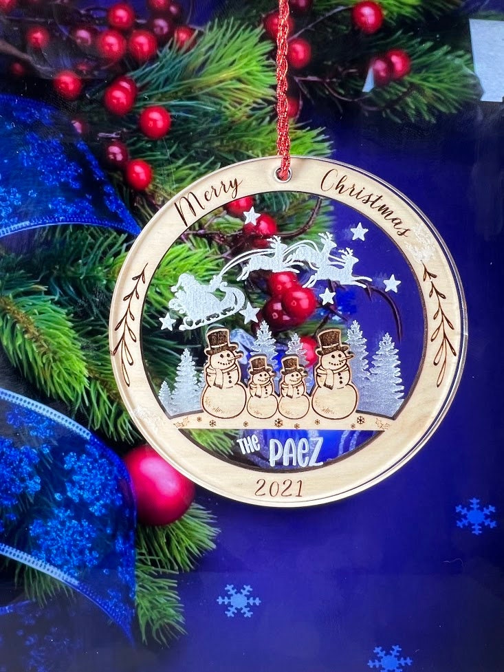 Snowman Christmas Ornament, Personalized Acrylic & Birch wood, Wooden ornaments, Family ornament