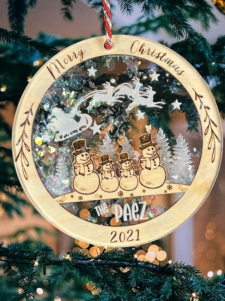 Snowman Christmas Ornament, Personalized Acrylic & Birch wood, Wooden ornaments, Family ornament