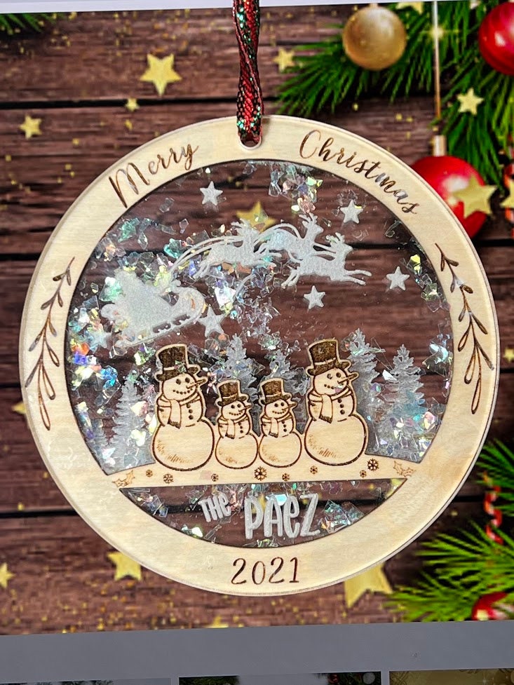 Snowman Christmas Ornament, Personalized Acrylic & Birch wood, Wooden ornaments, Family ornament