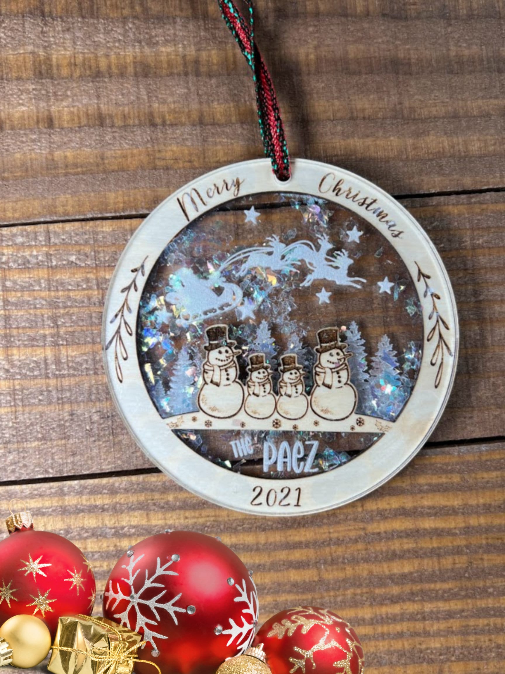 Snowman Christmas Ornament, Personalized Acrylic & Birch wood, Wooden ornaments, Family ornament