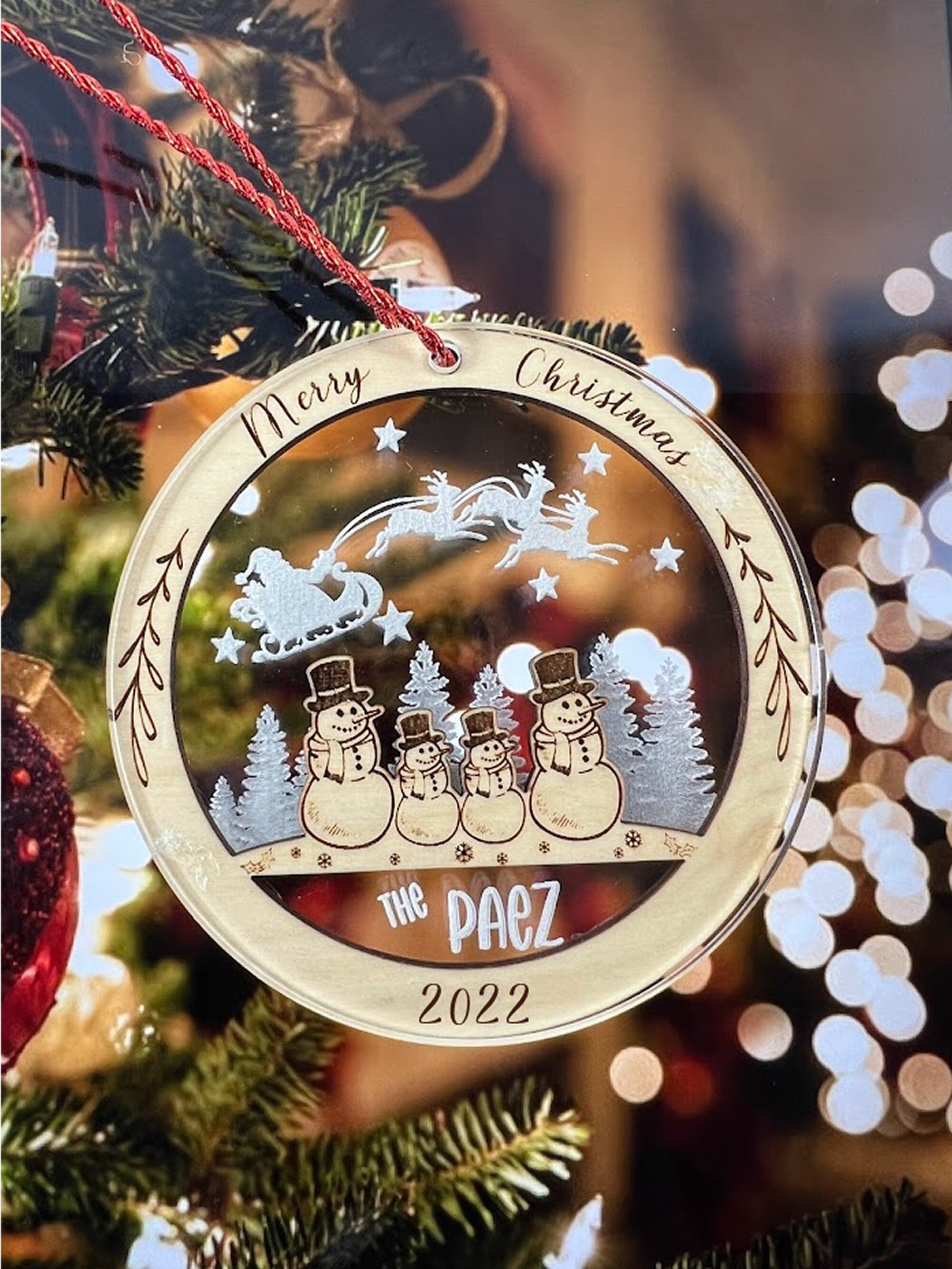 Snowman Christmas Ornament, Personalized Acrylic & Birch wood, Wooden ornaments, Family ornament