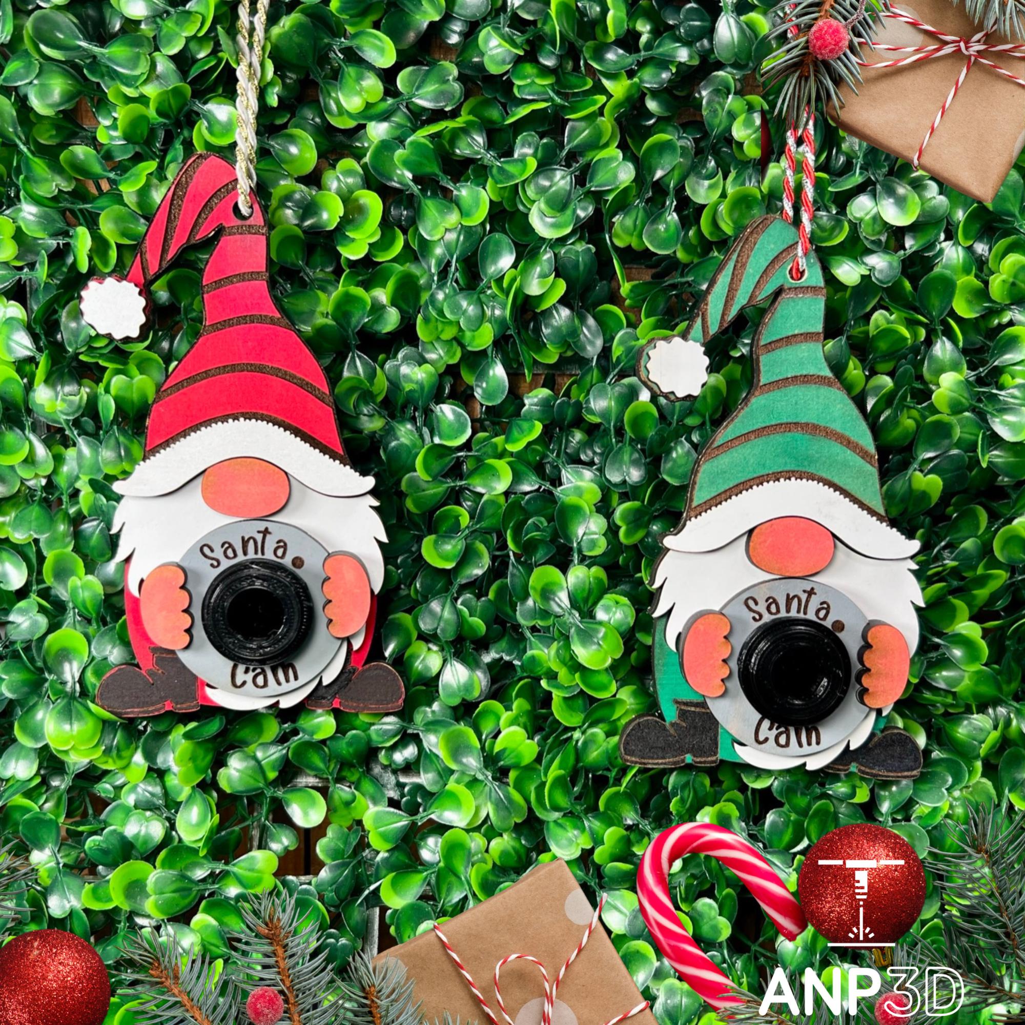 Santa Cam ornament featuring a whimsical gnome design in red and green, great for kids' holiday fun.