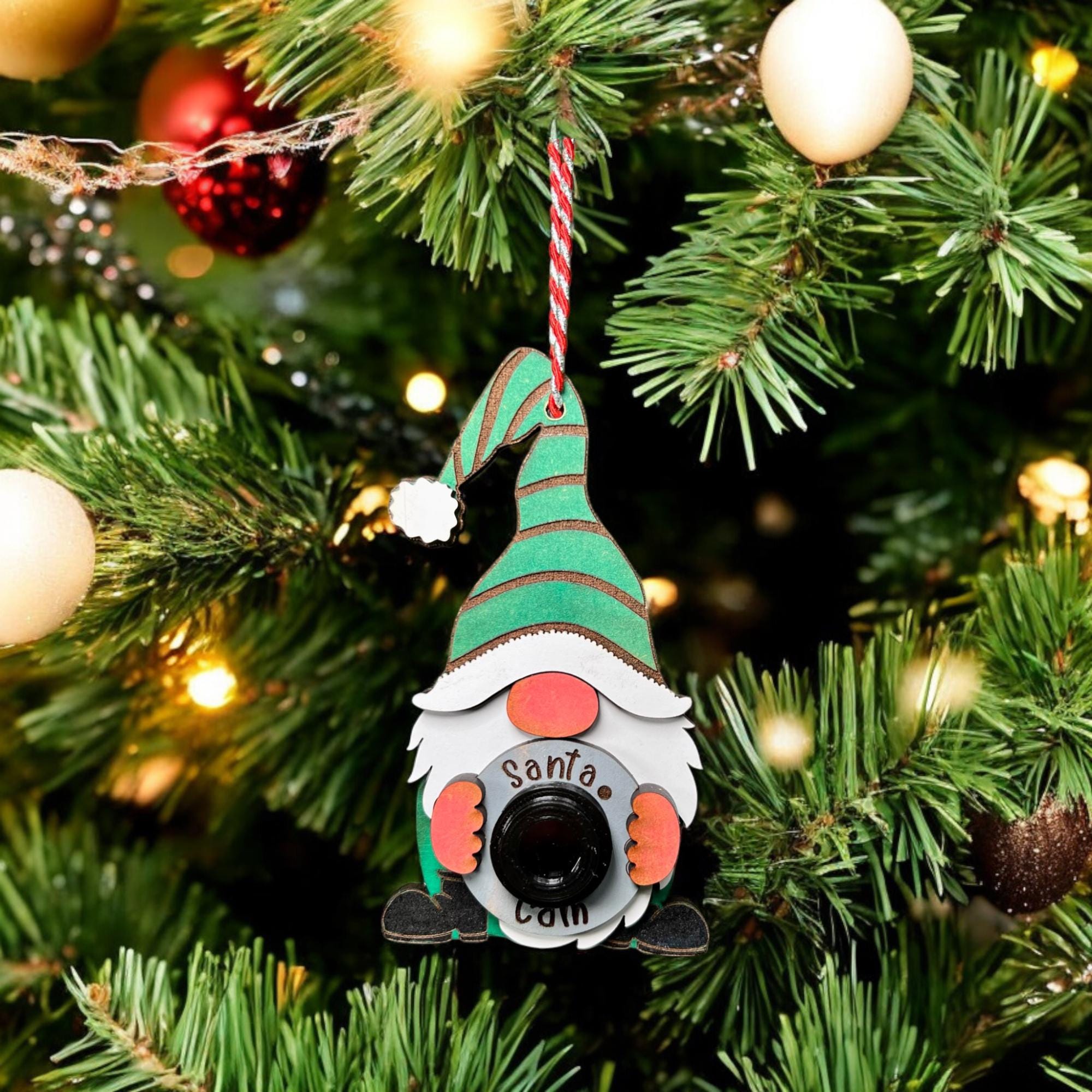 Set of Santa Cam gnome ornaments with red and green hats, adding charm to holiday decorations