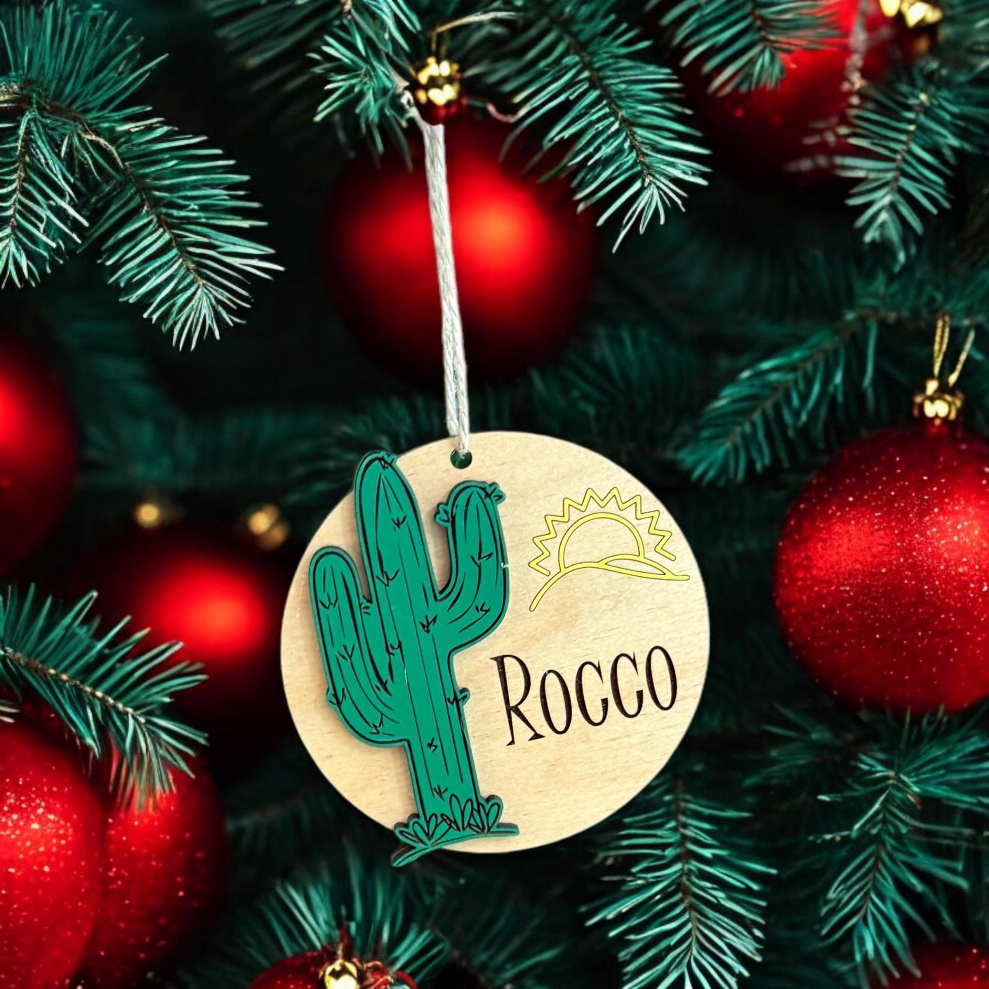 Personalized Cactus Ornament Desert Sun Christmas Decoration Southwestern Name Keepsake Rustic Boho Tree Ornament