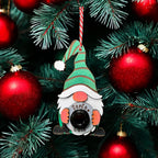 Close-up of a festive gnome holding a 'Santa Cam,' ideal for playful Christmas tree décor.