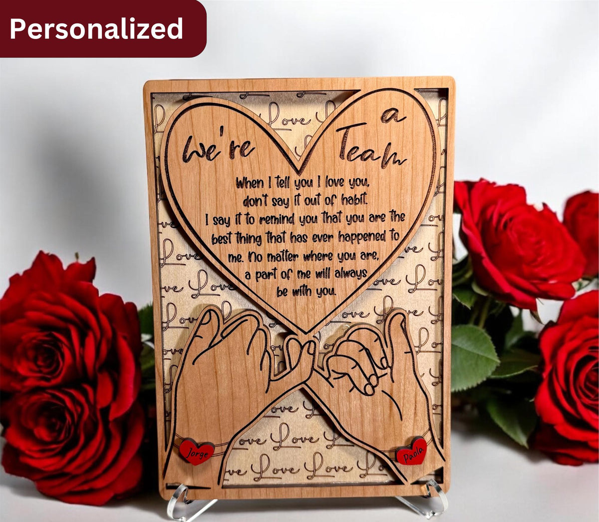 Personalized wooden couples plaque with heart and pinky promise design, perfect for Valentine’s Day or anniversary gifts.