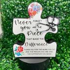 Thoughtful healthcare worker gift, puzzle-shaped wooden decor with a gratitude message and floral accents.