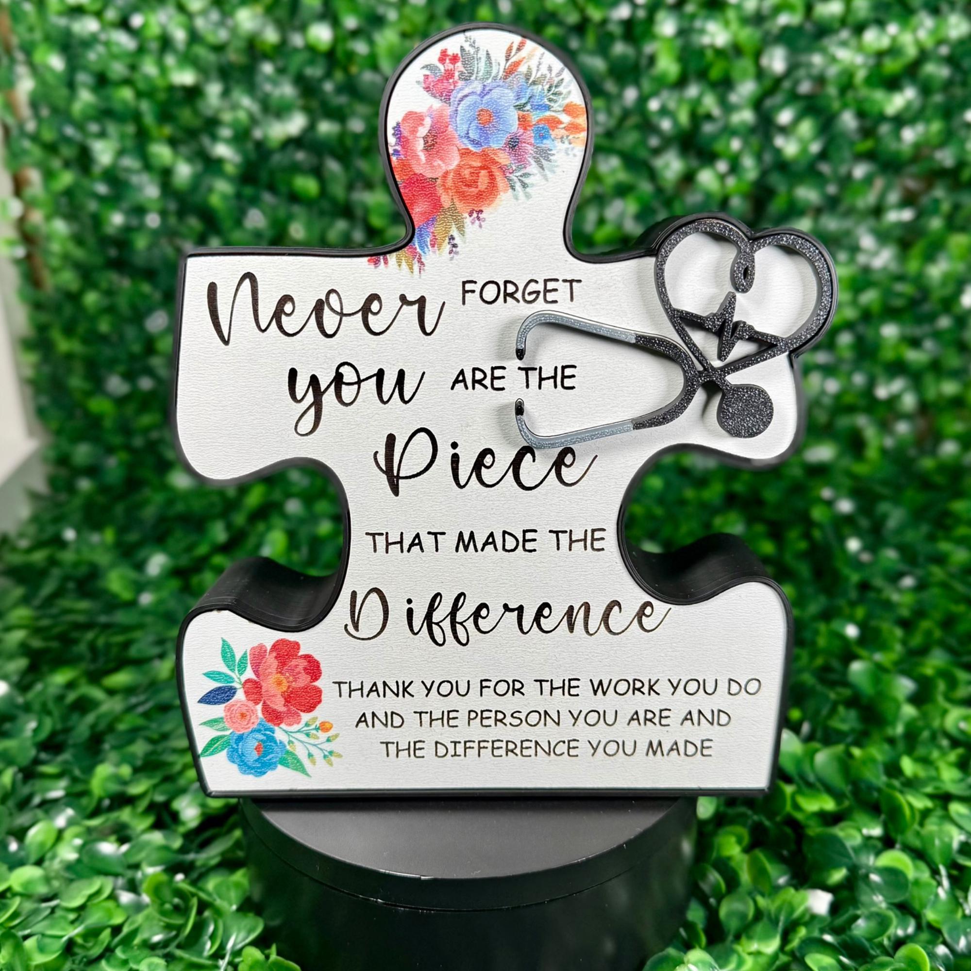 Thoughtful healthcare worker gift, puzzle-shaped wooden decor with a gratitude message and floral accents.