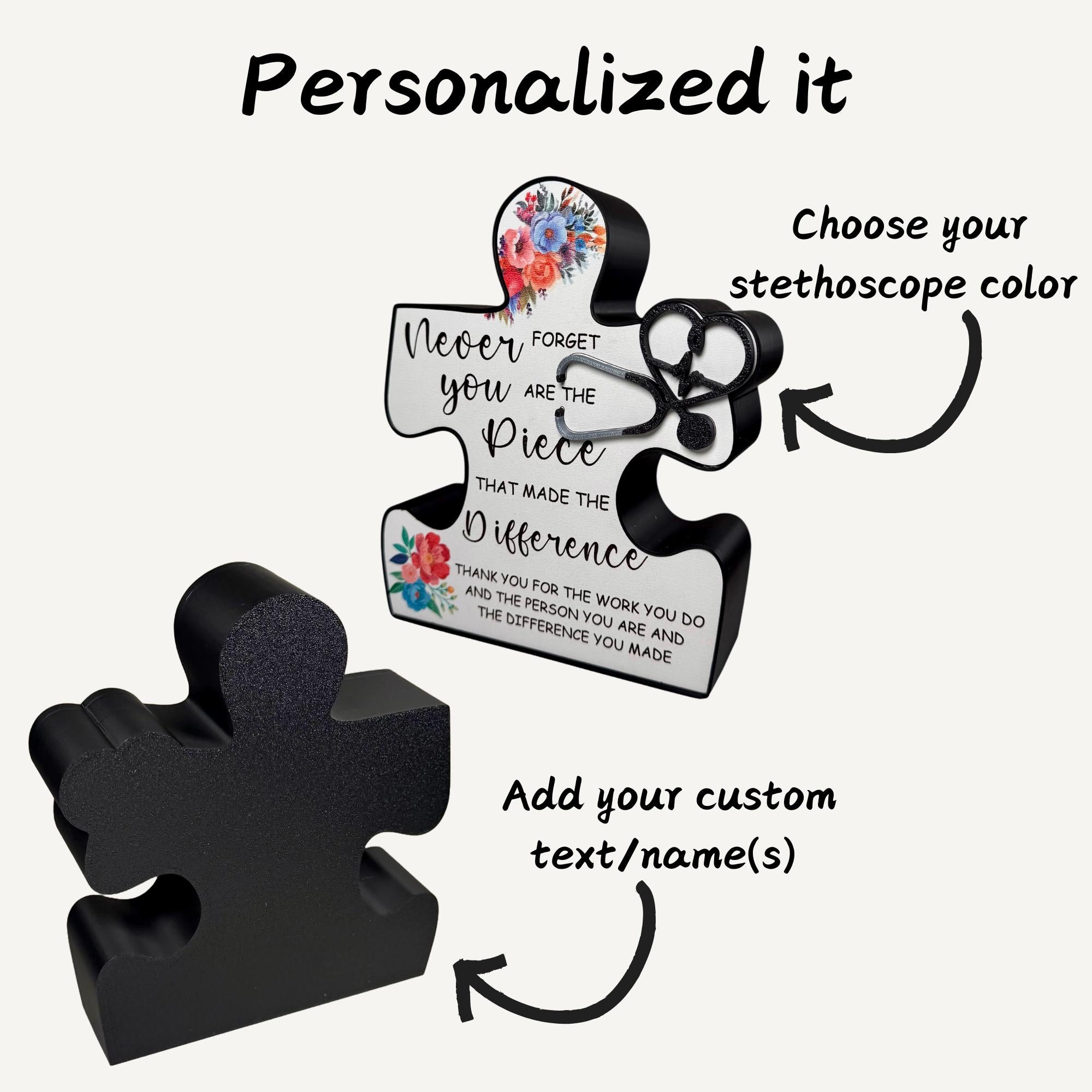 Thank you healthcare worker gift featuring floral design, puzzle shape, and decorative stethoscope.