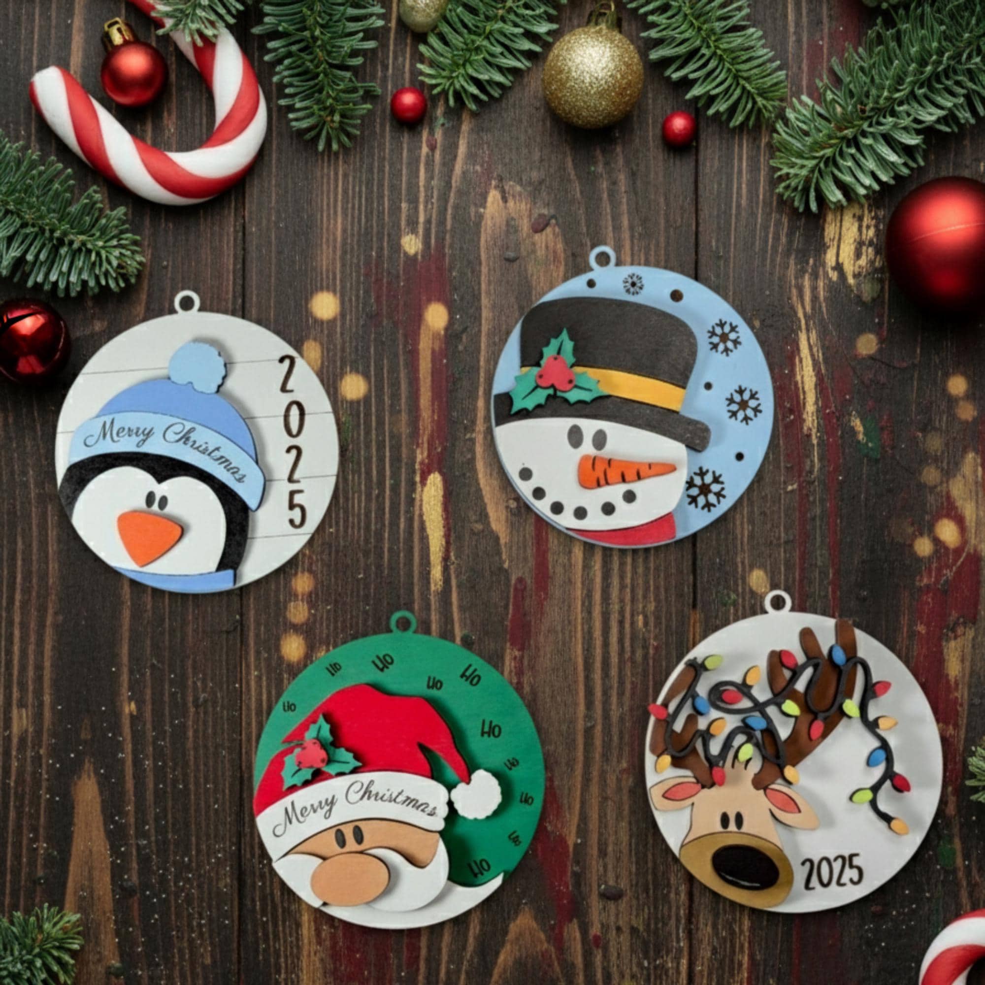 2026 Hand Painted Wood Christmas Ornaments, Santa, Snowman, Penguin, Deer