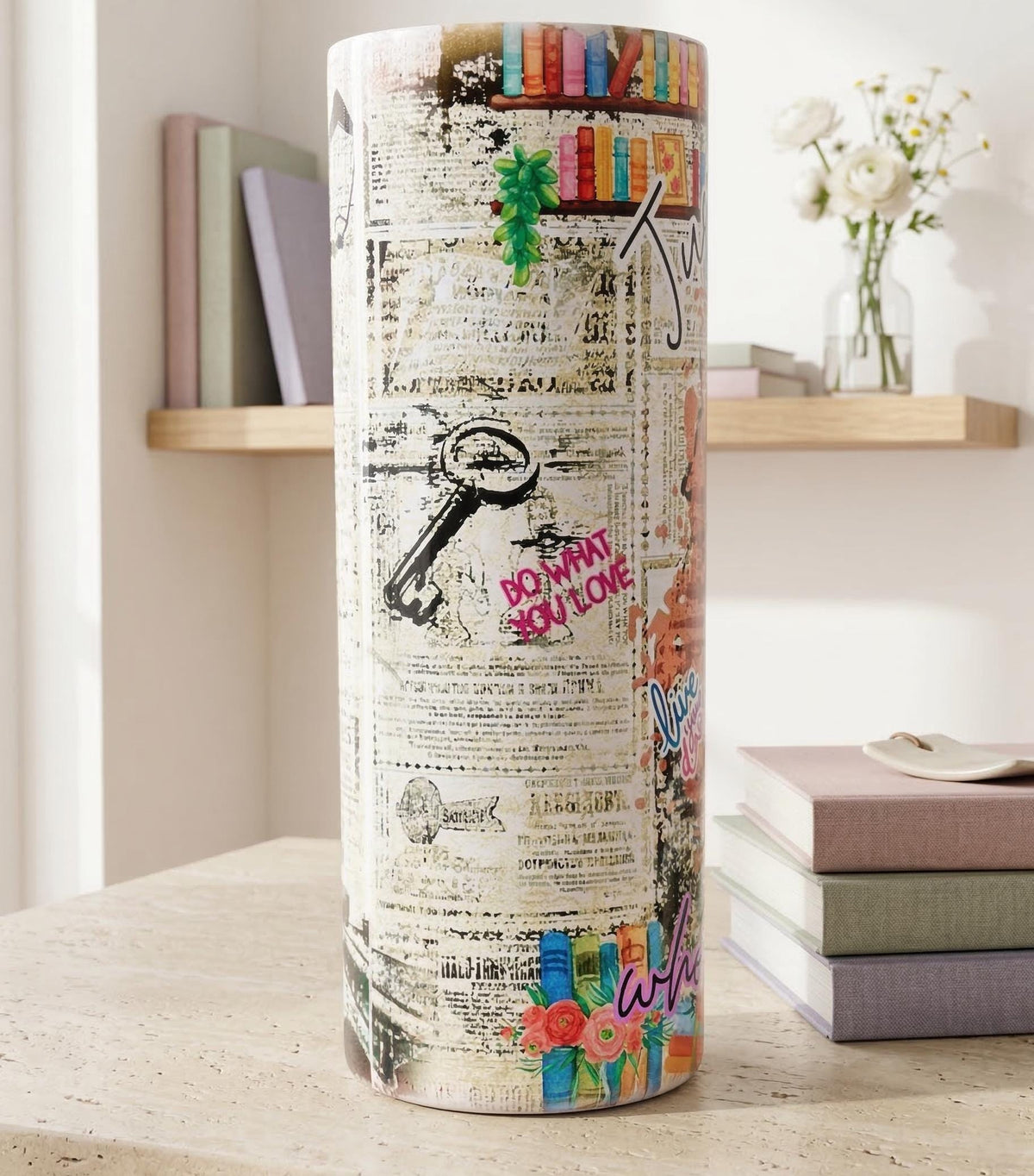 Bookish tumbler gift for reader featuring full wrap book library design on 20oz insulated cup