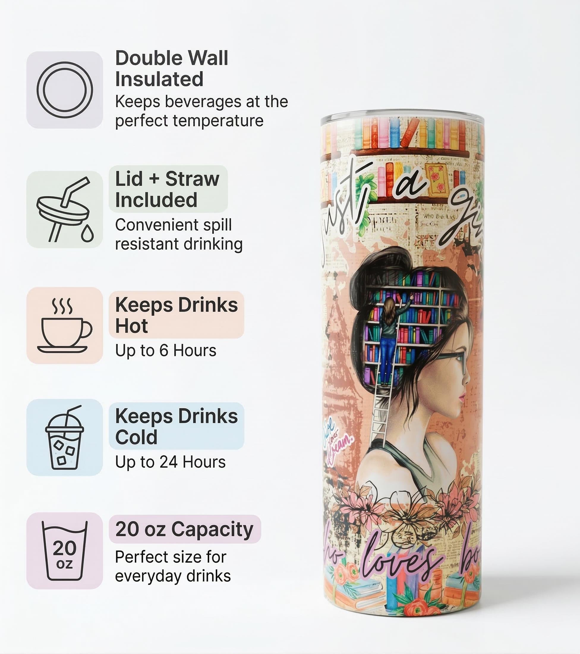 Book club gift tumbler with colorful library wrap design, 20oz stainless steel insulated sublimation cup
