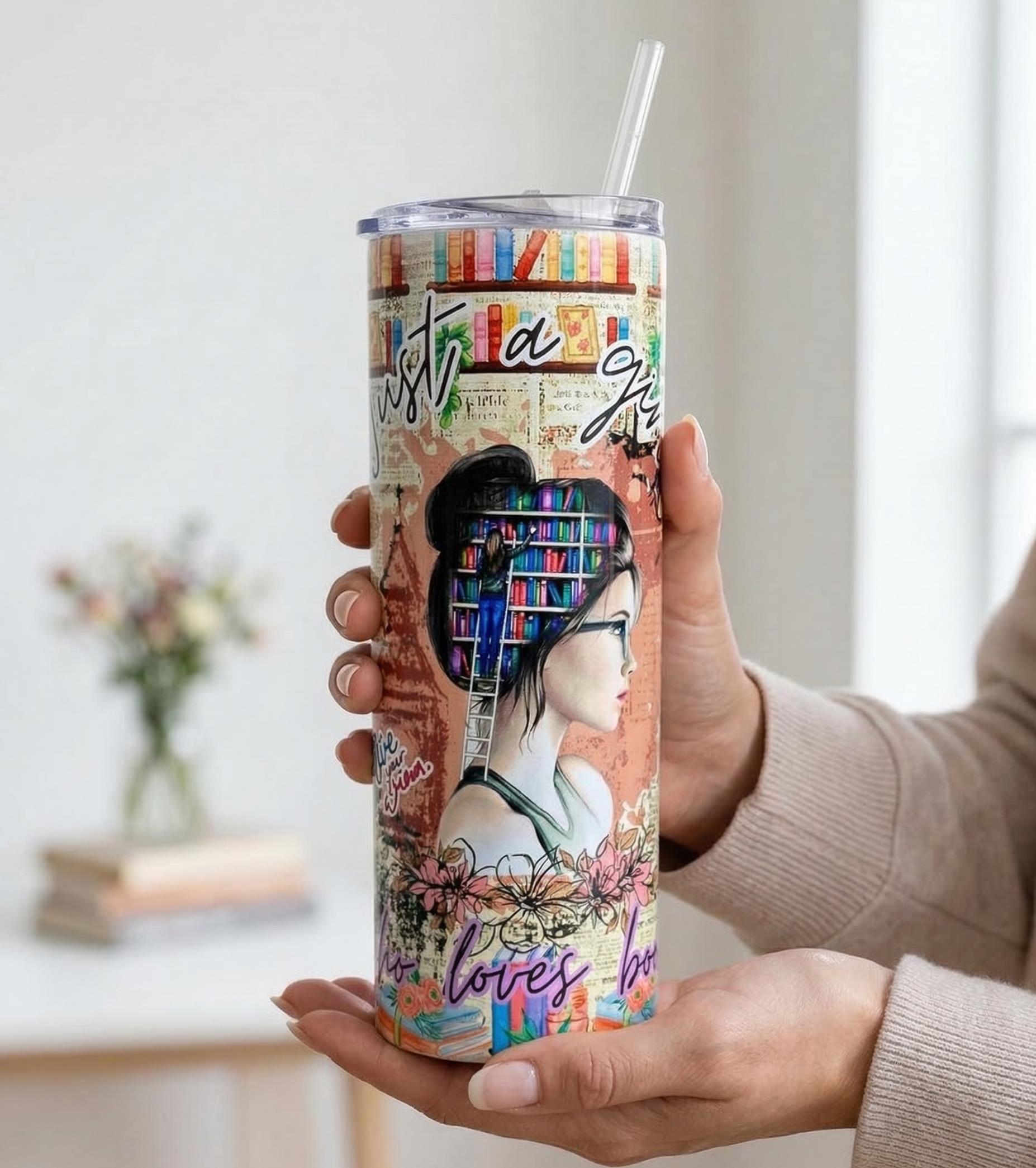 Librarian gift tumbler featuring book lover full wrap design on 20oz insulated tumbler with straw included
