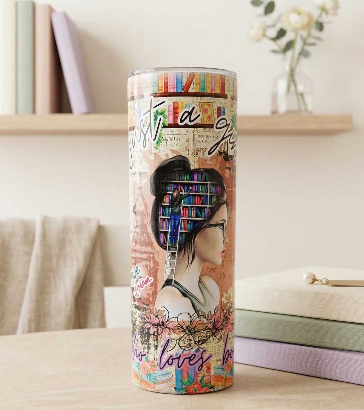 20oz book lover tumbler with just a girl who loves books sublimation design, insulated stainless steel with straw