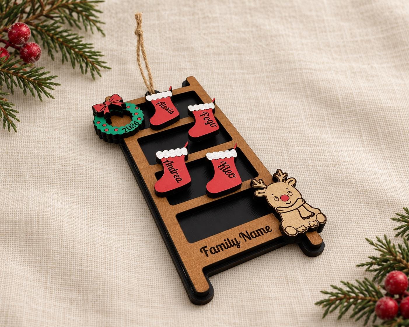 Personalized Family Christmas Ornament, Wooden Stocking Ladder with Names and Year