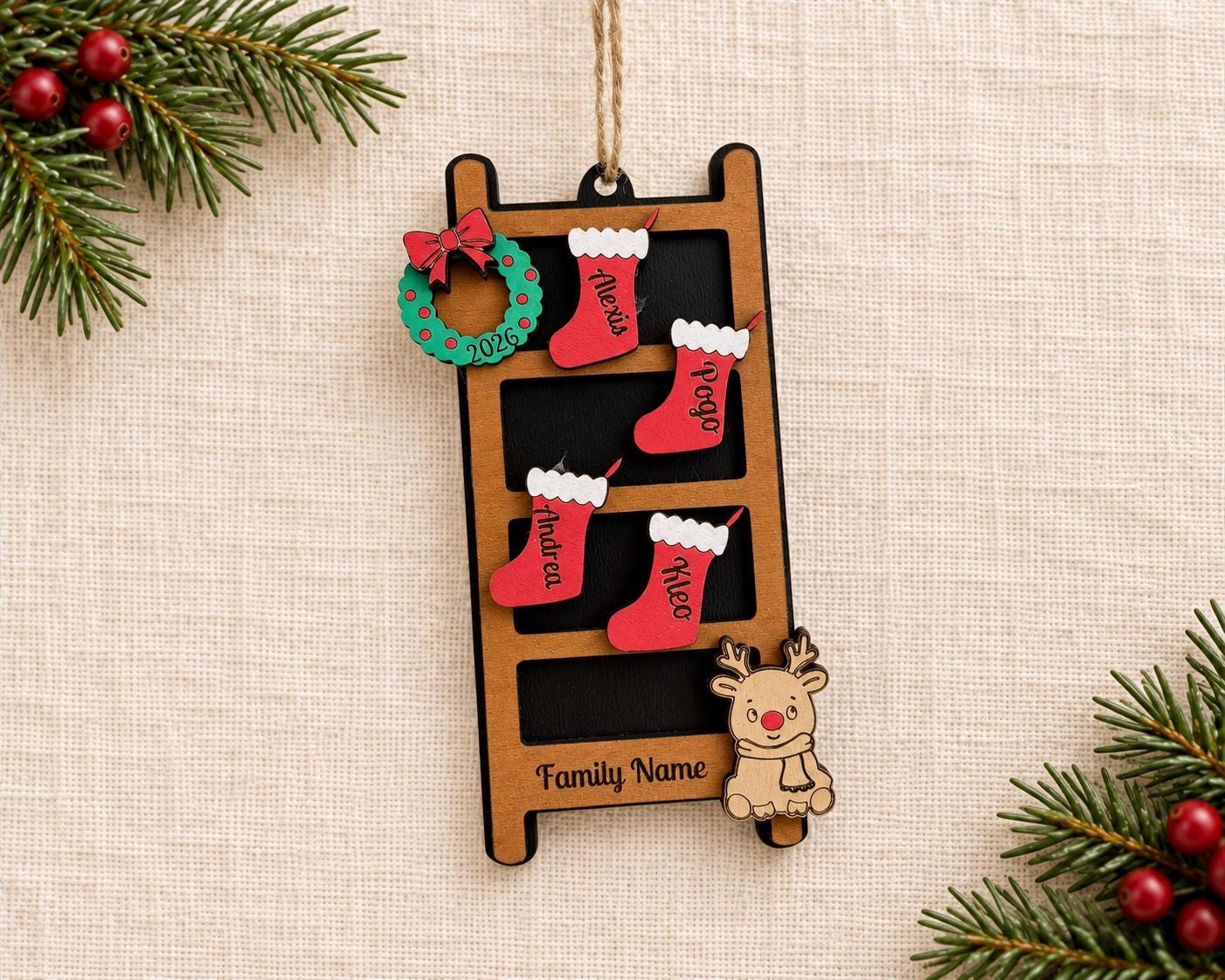 Personalized Family Christmas Ornament, Wooden Stocking Ladder with Names and Year