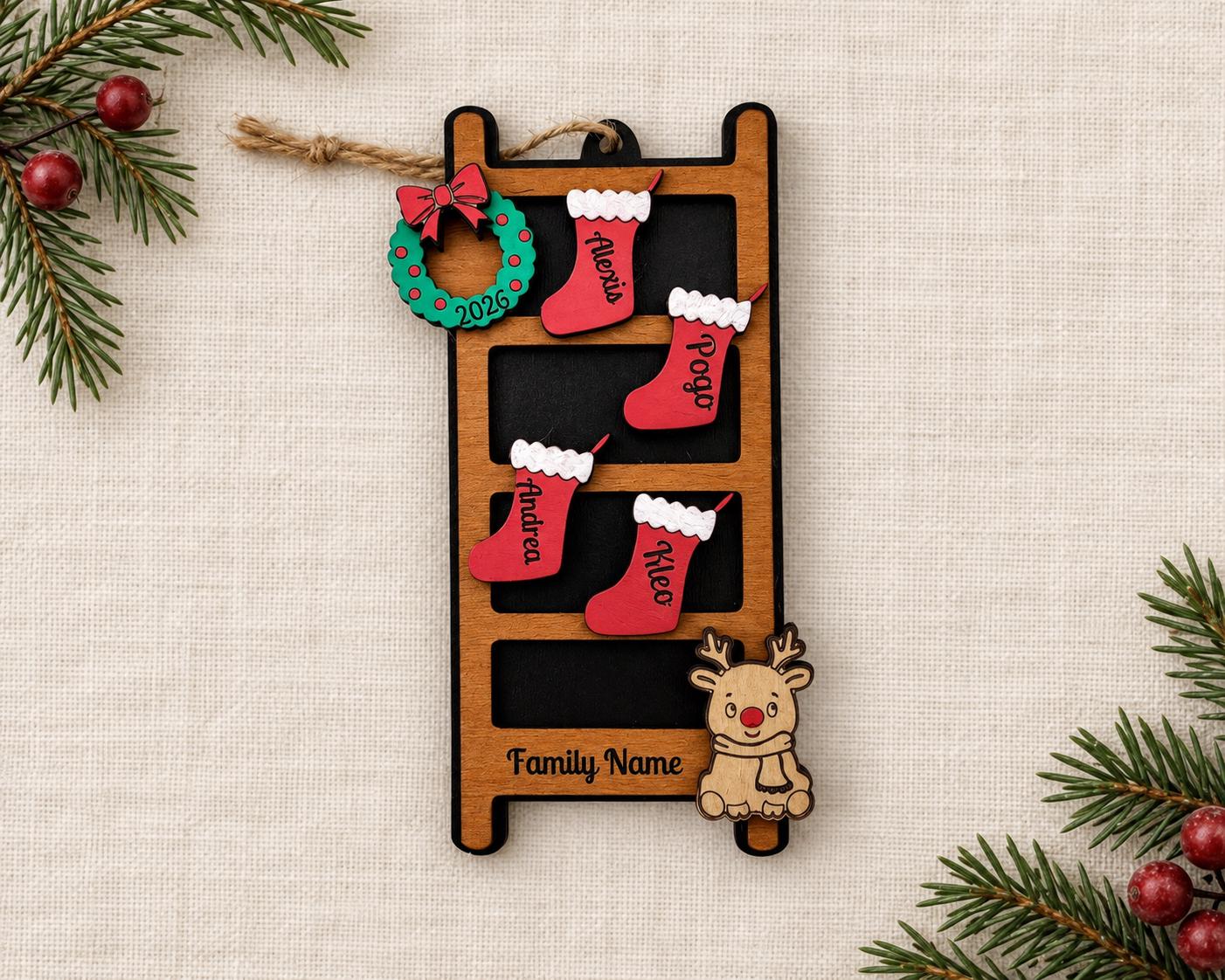 Personalized Family Christmas Ornament, Wooden Stocking Ladder with Names and Year