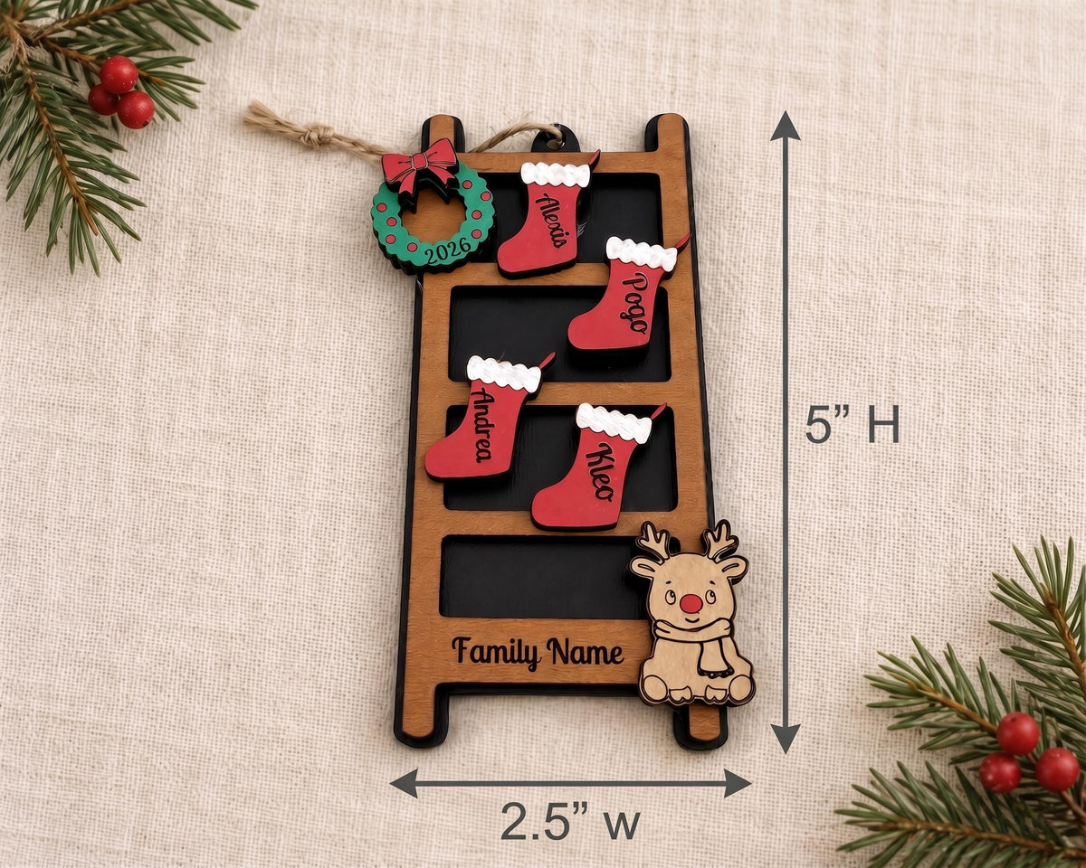 Personalized Family Christmas Ornament, Wooden Stocking Ladder with Names and Year