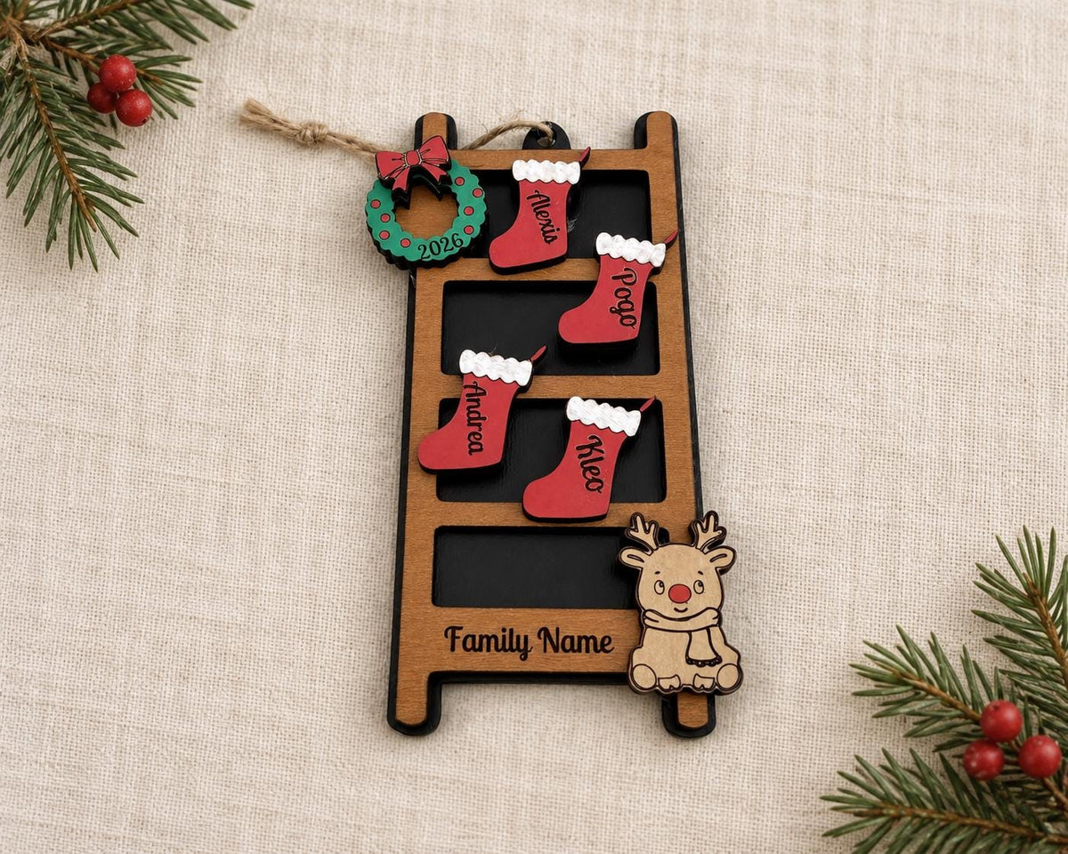 Personalized Family Christmas Ornament, Wooden Stocking Ladder with Names and Year