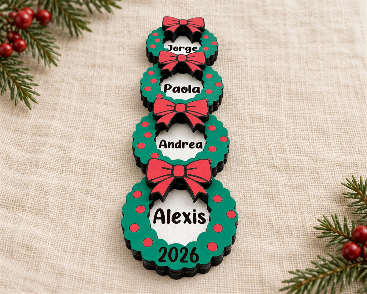 Personalized Family Name Christmas Ornament, Stacked Wooden Wreaths Keepsake