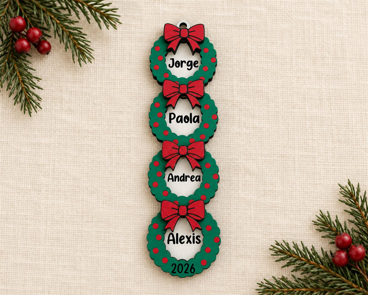 Personalized Family Name Christmas Ornament, Stacked Wooden Wreaths Keepsake
