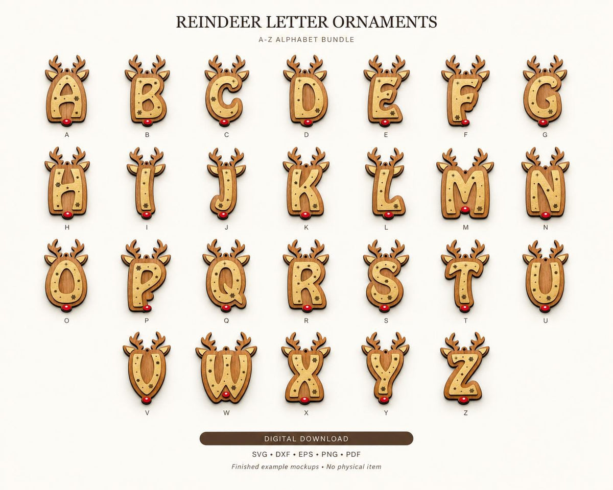 Reindeer Alphabet Ornament SVG Bundle A-Z, Christmas Laser Cut Files