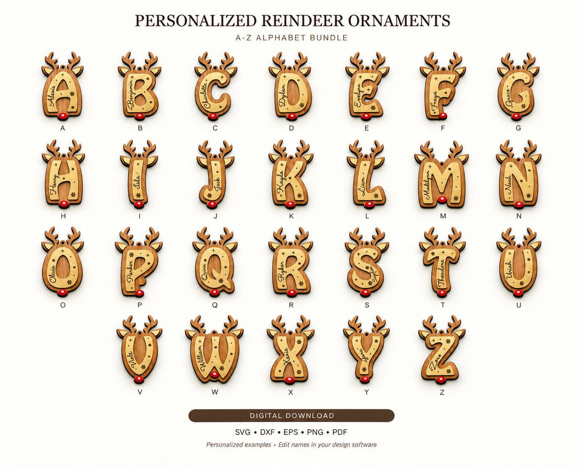 Reindeer Alphabet Ornament SVG Bundle A-Z, Christmas Laser Cut Files