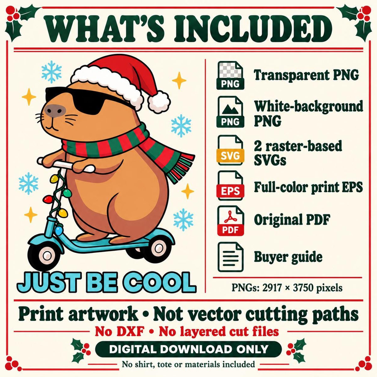 Christmas Capybara Scooter Design, Just Be Cool Holiday Art (Digital Download)