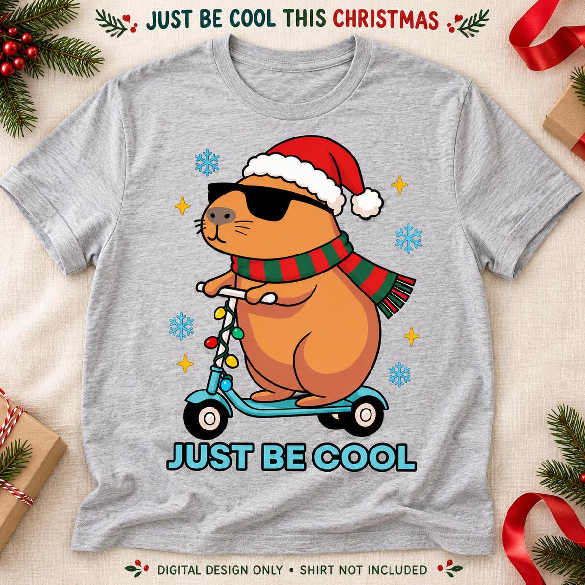 Christmas Capybara Scooter Design, Just Be Cool Holiday Art (Digital Download)