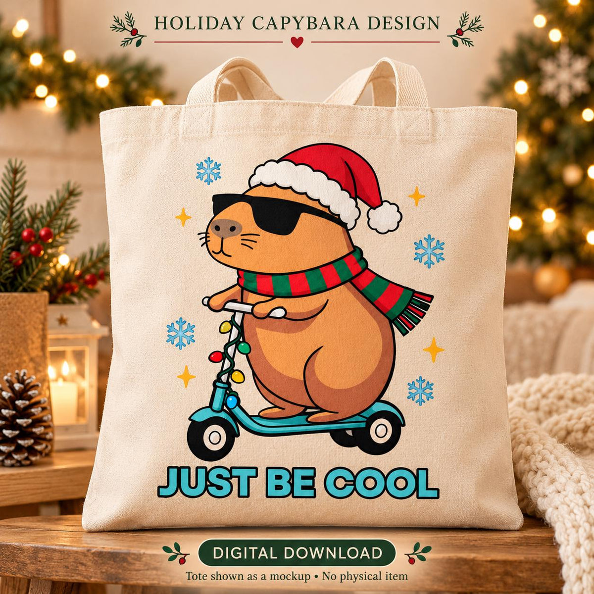 Christmas Capybara Scooter Design, Just Be Cool Holiday Art (Digital Download)