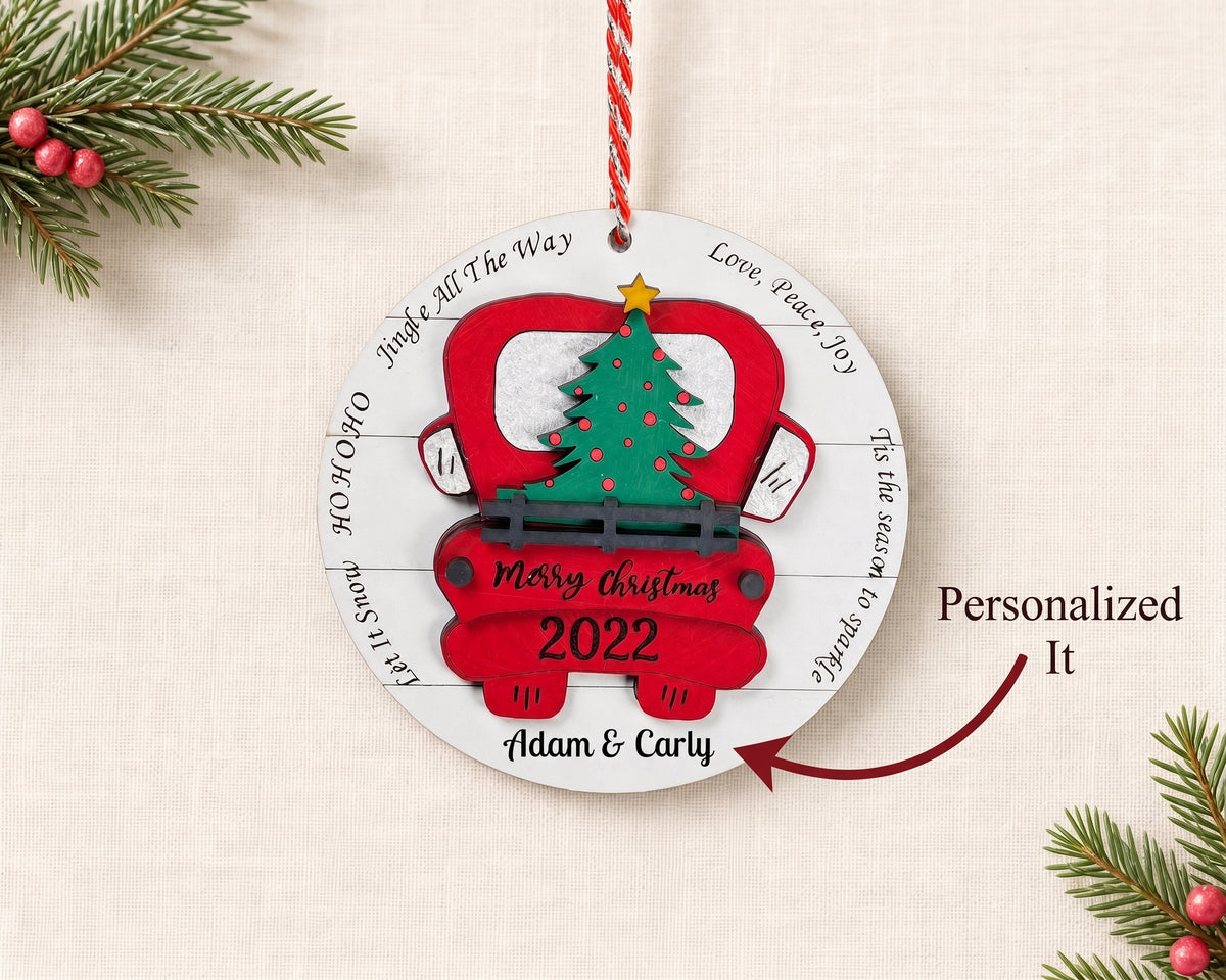Personalized Red Truck Ornament, Farmhouse Red Truck, Family Ornament, couples ornament, hand painted
