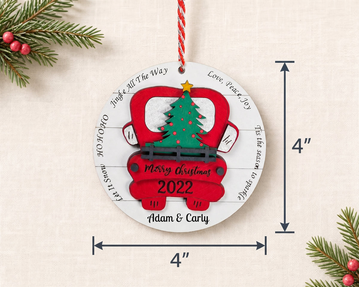 Personalized Red Truck Ornament, Farmhouse Red Truck, Family Ornament, couples ornament, hand painted